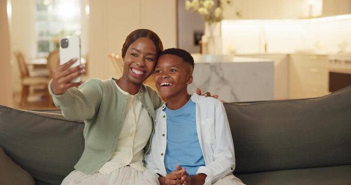 Happy, mom or child in house with selfie, loving picture or bonding post on weekend break. Digital, flare or black family on couch with smile, parent connection or memory capture for social media.