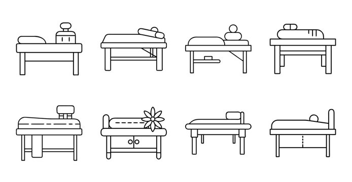 Flat medical massage therapy beds set - Minimalist vector icons showing different massage therapy beds and tables in a clean style.