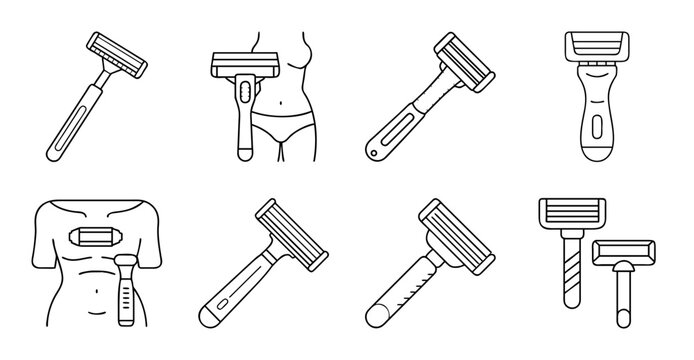 Flat pack of different electric razors - Illustrated collection of various electric razor designs and styles for men and women.