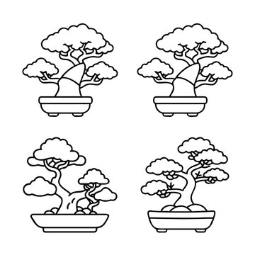 Four stylish bonsai trees in pots illustration - Minimalist vector illustration of four bonsai trees in decorative pots arranged neatly for artistic or decorative use.
