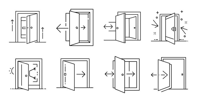 Door opening and closing animation sequence - Illustrated vector sequence showing doors opening and closing with directional arrows for motion effects.