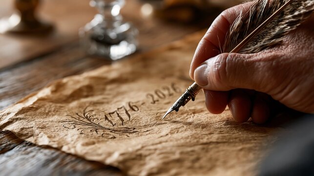 Hand writing 17762026 on vintage parchment paper with a quill pen