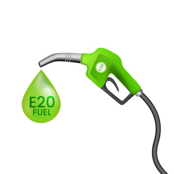 E20 Ethanol Fuel Nozzle with Green Biofuel Drop Symbol Eco Friendly Energy Vector Illustration