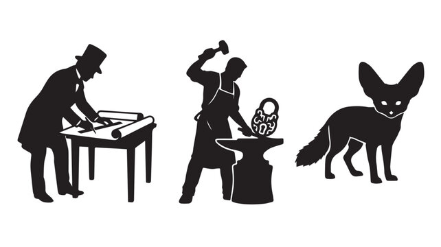 Black silhouette icons of an architect, a blacksmith, and a fennec fox Vector