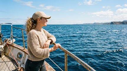 Fototapeta premium Woman stands on a boat deck looking out at sea landscape