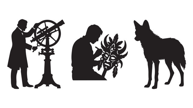 Black silhouettes of a scientist with telescope artist and wild wolf animal Vector