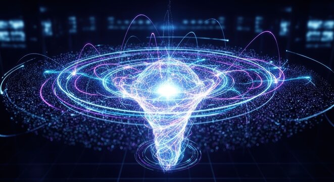 Abstract glowing vortex of blue and purple energy particles with swirling light trails.