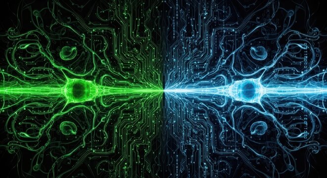 Abstract image showing circuit board and organic nerve cells creating digital brain concept.