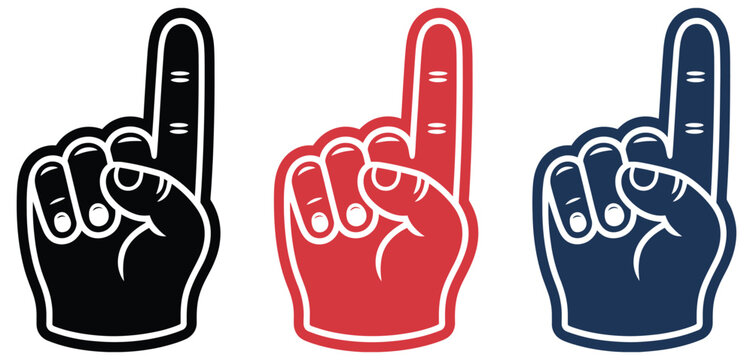 Number one foam finger icons featuring colorful pointing hand gesture for sports cheering team spirit and event graphics