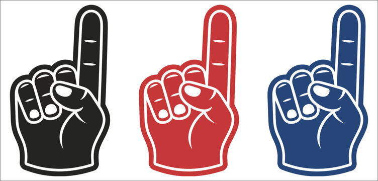 Number one foam finger icons in black red and blue colors featuring pointing hand gesture for sports fans vector illustration