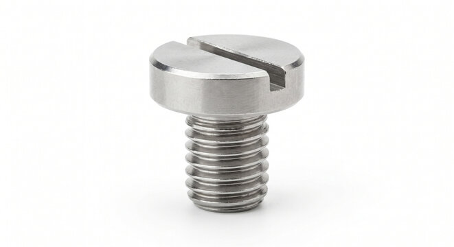 Heavy-duty 3/8-inch stainless steel tripod mounting screw with slotted drive, isolated on white. Rugged camera hardware.
