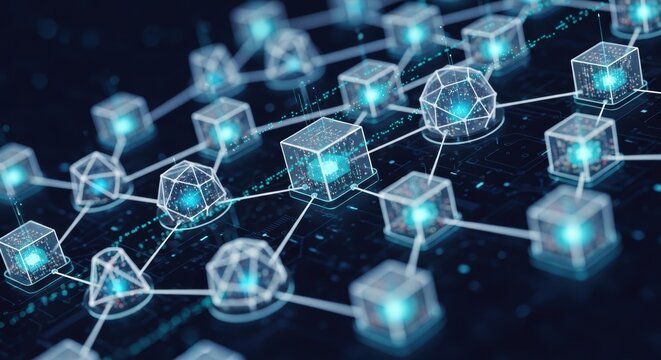 Abstract network of glowing cubes and spheres connecting with lines on dark background.