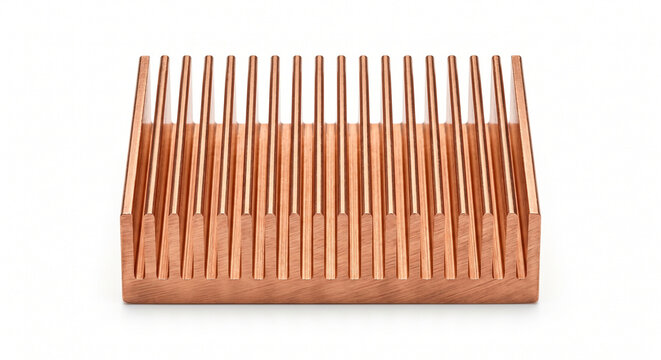 Bare copper square memory heatsink with parallel cooling fins. Minimalist IT hardware isolated on a pure white background.