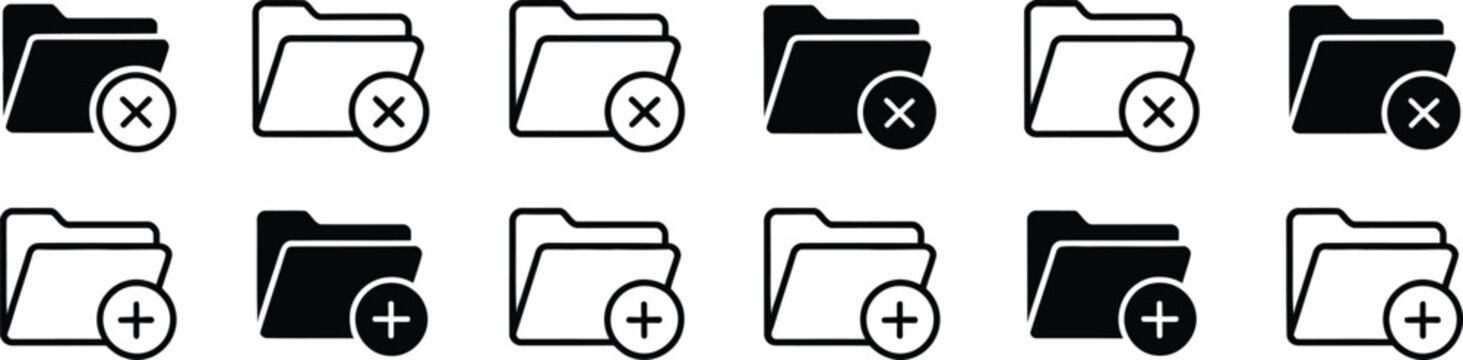 Add and Delete Folder Icons Set with Plus and Cross Signs for File Management UI Design