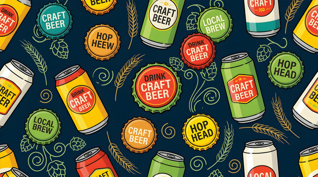 Craft beer pattern with beer cans metal bottle caps and wheat ears on dark blue background.