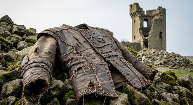 A Torn Leather Jerkin in Front of Ancient Castle Ruins