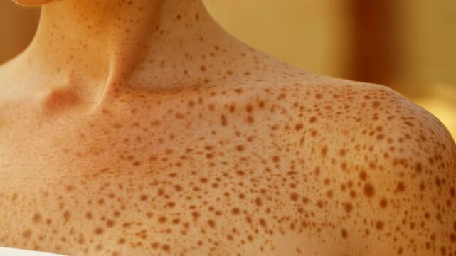 Freckled shoulder and collarbone in warm soft light with gentle rotating pose