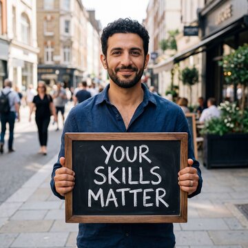 Smiling middle eastern man in his 30s holds a chalkboard sign saying Your Skills Matter on a busy city street