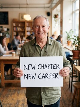 Smiling senior caucasian man holding a New Chapter New Career sign in a cozy cafe