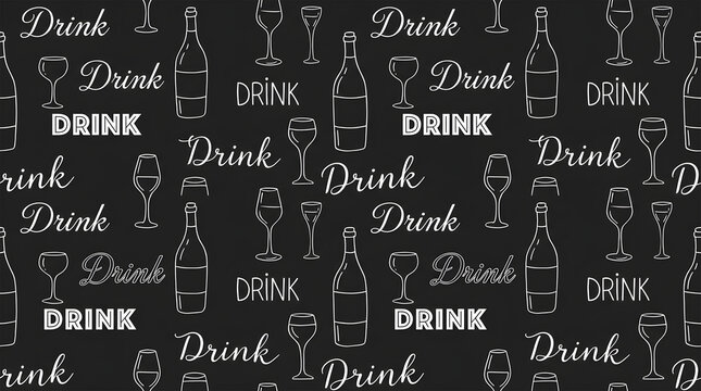 Seamless typography pattern with drink word wine bottles and glasses on dark background.