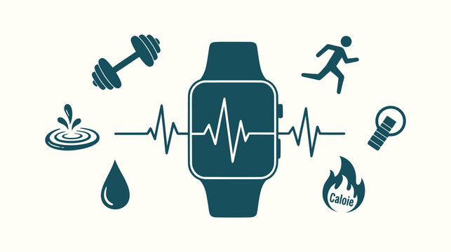 Smartwatch fitness tracker icon set with heartbeat monitor for sports health and activity tracking.