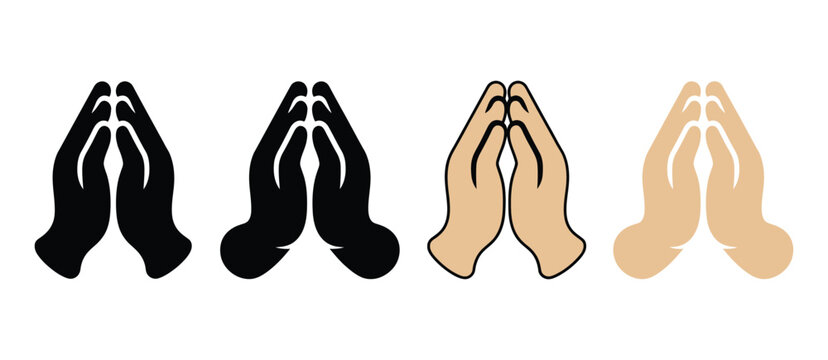 Praying hands icons with diverse skin tones symbolizing spirituality gratitude hope faith and unity vector illustration