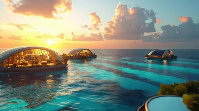 Futuristic floating homes with solar panels at vibrant sunset