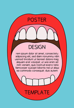 Opened Woman Lips Vector Illustration Poster Template. Mouth Open Screaming in Pop Art Style with Light Blue Background and Copy Space