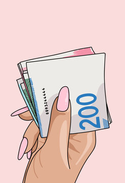 Vector Illustration of  Delicate Female Hands Holding Cash Banknotes Against Pink Background. Female Business, Entrepreneur, Money Concept