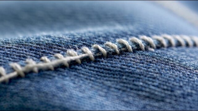 Macro view of white thread stitch on blue denim fabric