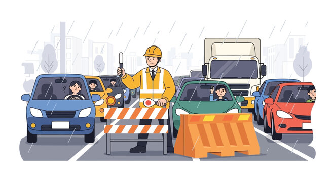 Traffic Controller Directing Cars in Rainy City Traffic Jam