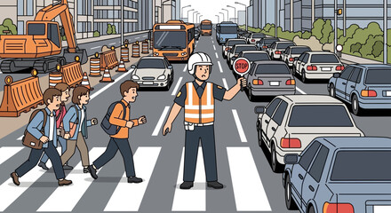 Obraz premium Traffic Jam During Road Construction: Pedestrians Cross Street with Safety Officer