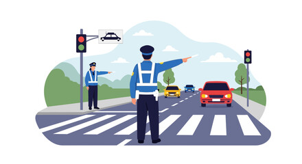 Naklejka premium Traffic police directing cars at intersection with stop light signals in background