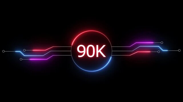 Neon social media followers or subscribers. Neon 90K celebration text animation background. on a black background. and creating a stunning 4k video.