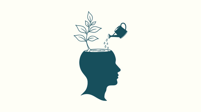 Human Mind Growth Illustration with Plant Growing from Head and Watering Can Mental Health Concept