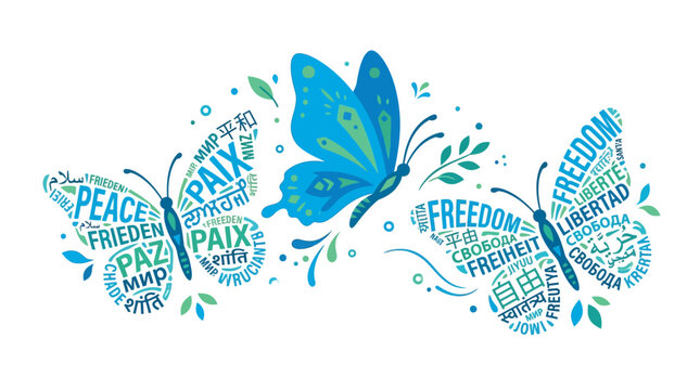 Vibrant butterfly illustration symbolizing global peace and freedom with multilingual word art design