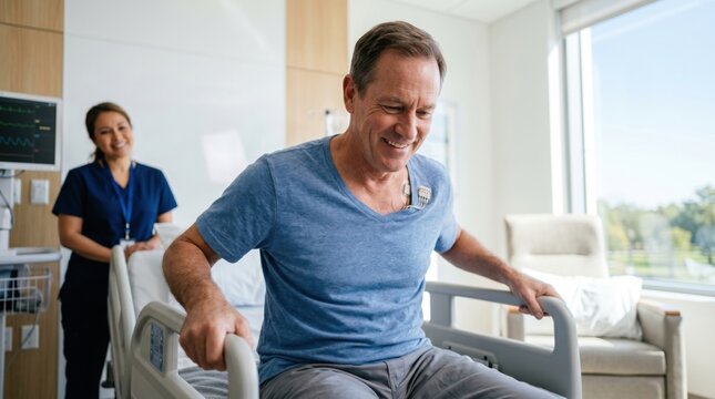 Man undergoing neuroprosthetic rehabilitation in a hospital room. Female doctor assisting patient with brain computer interface technology for recovery after paralysis and injury.
