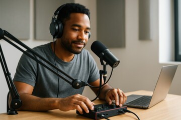 Fototapeta premium Man recording podcast with headphones and microphone in modern studio using laptop and audio mixer on light creative background setup. Ai generative