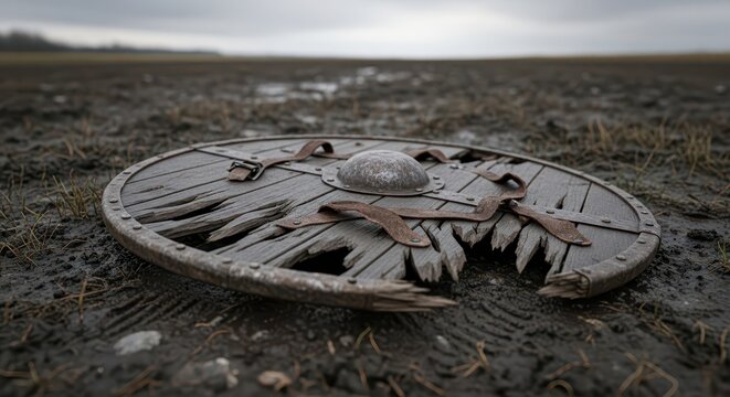 Broken Wooden Viking Shield Lying on Muddy Battlefield Ground