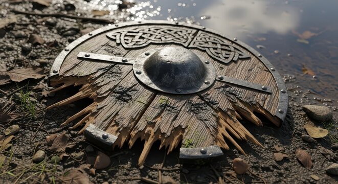 Broken Wooden Viking Shield with Celtic Knots Rests on Grassy Ground Near Water