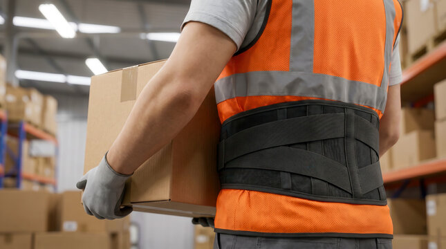 Worker wearing an ergonomic lumbar support belt for back protection in a warehouse