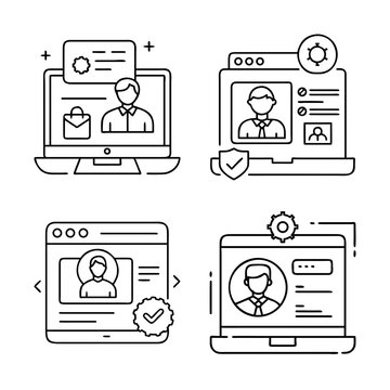 Video call setup with support icons - Illustrated vector icons showing video call setup and customer support options on laptops and mobile devices.