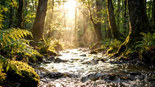 Sunlit Forest Stream Flowing Through Mossy Woodland