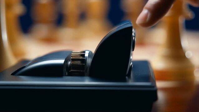 A hand moves a chess piece on a chessboard with strategy