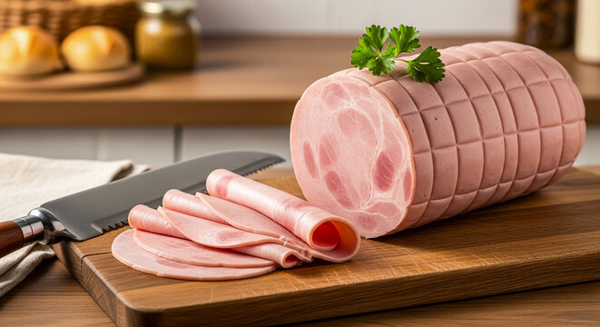 Freshly sliced pink deli ham loaf sits next to a sharp serrated steel kitchen knife on a wooden cutting board with a small sprig of green parsley on top perfectly.