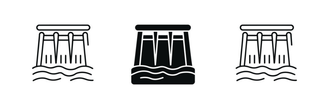 Hydroelectric dam infrastructure icon set featuring multiple spillways, water management systems and renewable energy engineering symbols.