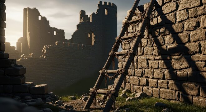 Medieval Siege Ladder Against Ruined Castle Wall