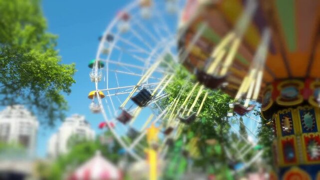4K Video of an amusement park with a spinning swing ride carousel in the foreground and a large ferris wheel turning against a blue sky, captured with a tilt-shift miniature effect on a sunny day.