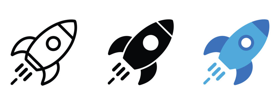 Rocket icon launching upward representing startup growth innovation acceleration business strategy project development and success