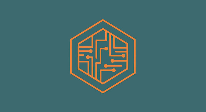 Hexagonal circuit board microchip logo on teal